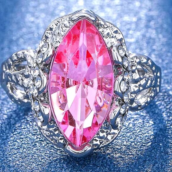 Sakura Pink Sapphire & White Baguette Diamond Ring on 925 Sterling Silver Womens - Picture 3 of 3